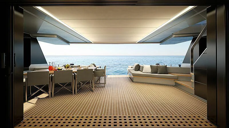a room with a table and chairs aboard TELL ME WHY Yacht for Sale