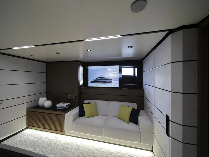 a room with a bed and a tv aboard TELL ME WHY Yacht for Sale