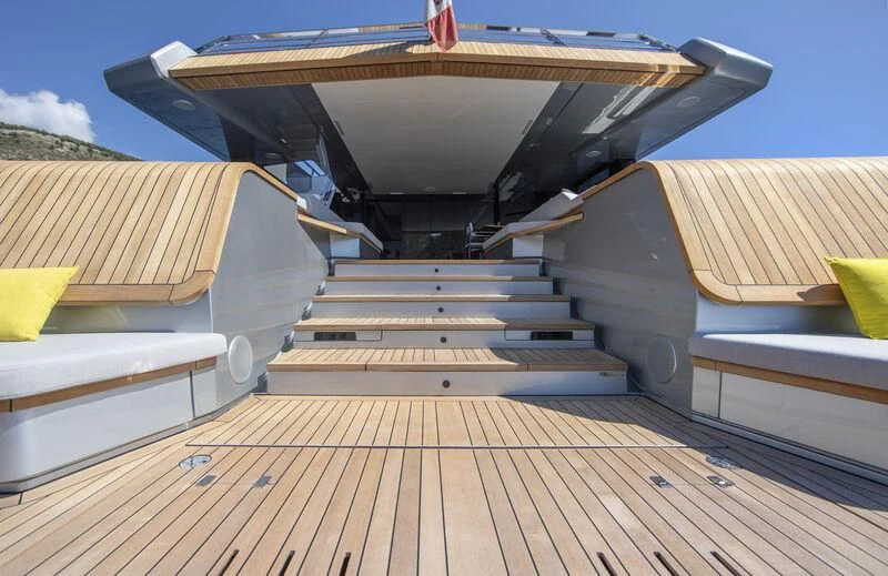 a wooden deck with a staircase aboard TELL ME WHY Yacht for Sale