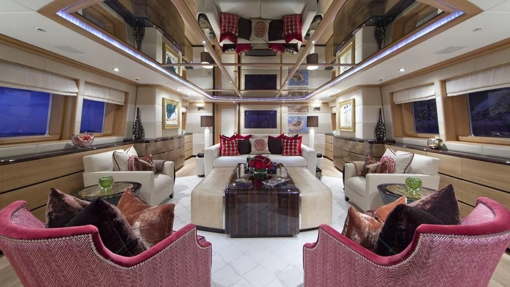 a living room with a large open roof aboard BIG CHANGE II Yacht for Sale