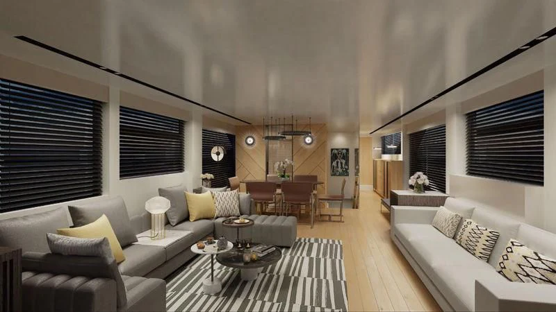 a living room with a large window aboard GIOIA Yacht for Sale