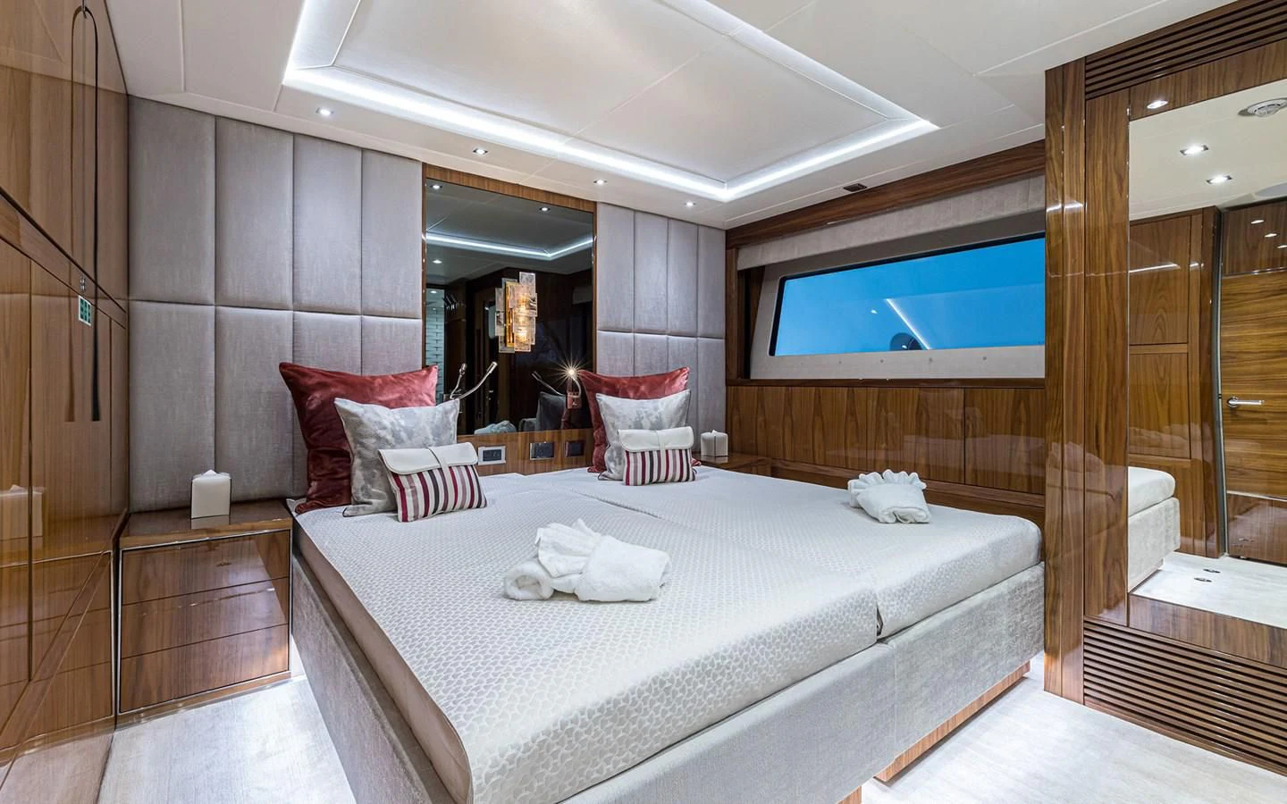 a large bed in a room aboard THE BOAT OF FATE 2 Yacht for Sale