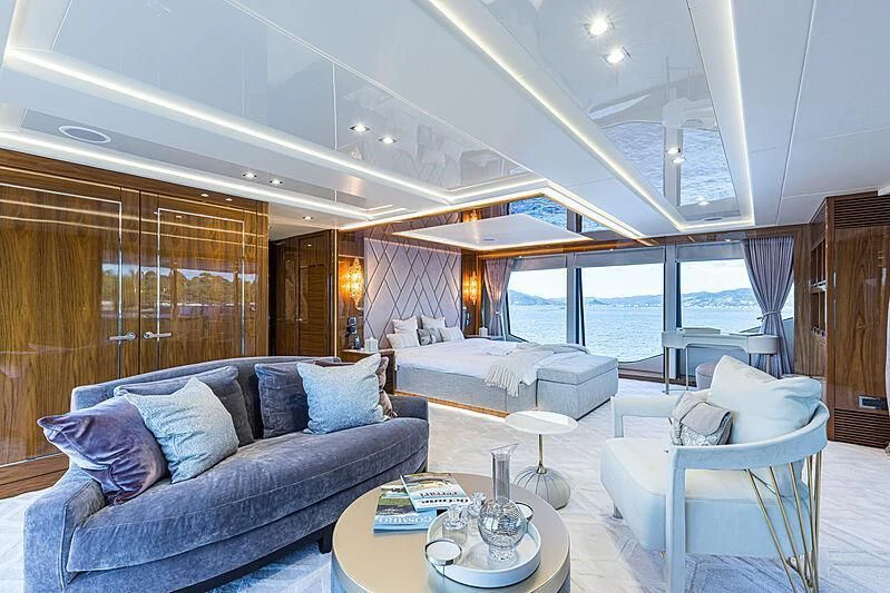 a living room with a large window aboard THE BOAT OF FATE 2 Yacht for Sale