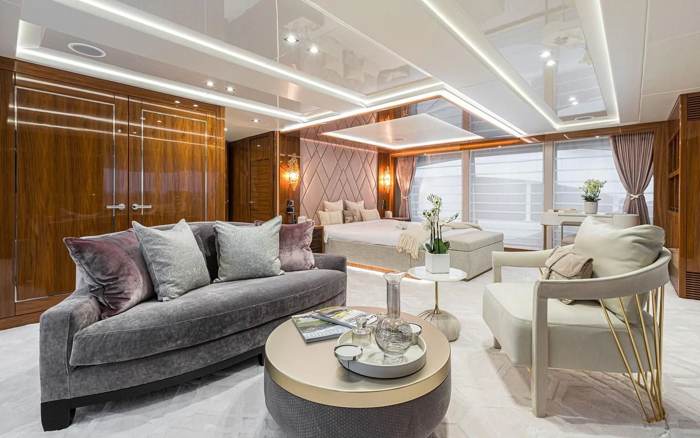 a living room with a couch and a coffee table aboard THE BOAT OF FATE 2 Yacht for Sale