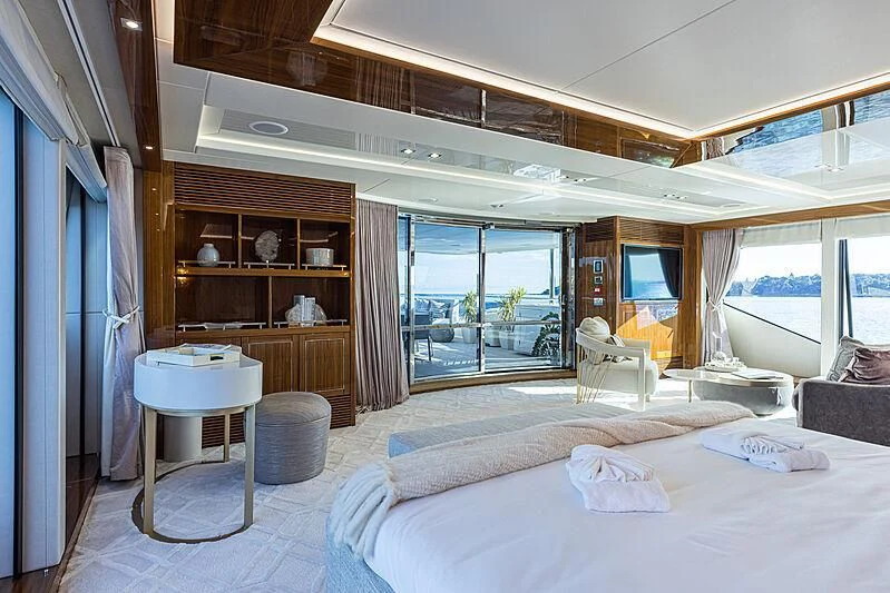 a bedroom with a large bed aboard THE BOAT OF FATE 2 Yacht for Sale