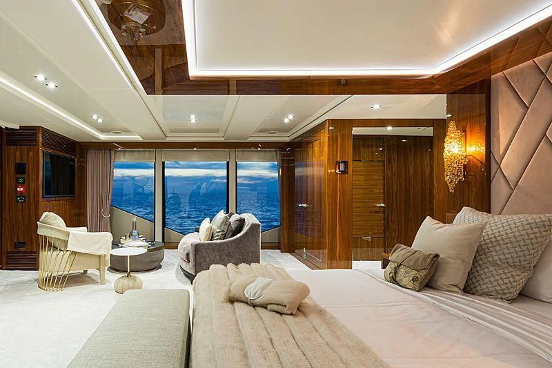 a large bed in a room aboard THE BOAT OF FATE 2 Yacht for Sale