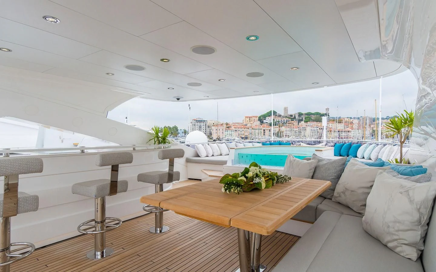 a modern looking living room aboard THE BOAT OF FATE 2 Yacht for Sale