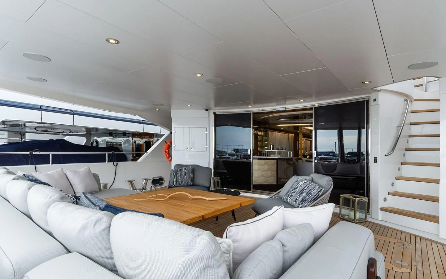 a living room with a large bed aboard THE BOAT OF FATE 2 Yacht for Sale