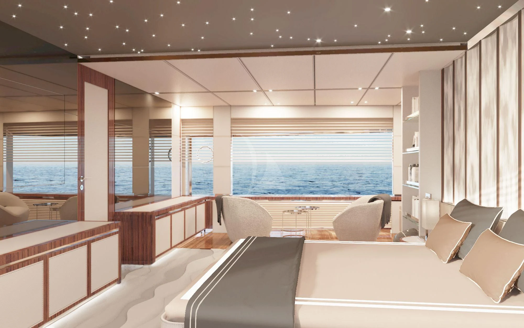 a room with a view of the ocean and the deck aboard LAFAYETTE Yacht for Sale