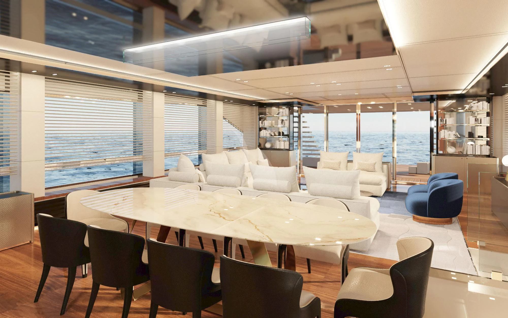a room with tables and chairs aboard LAFAYETTE Yacht for Sale