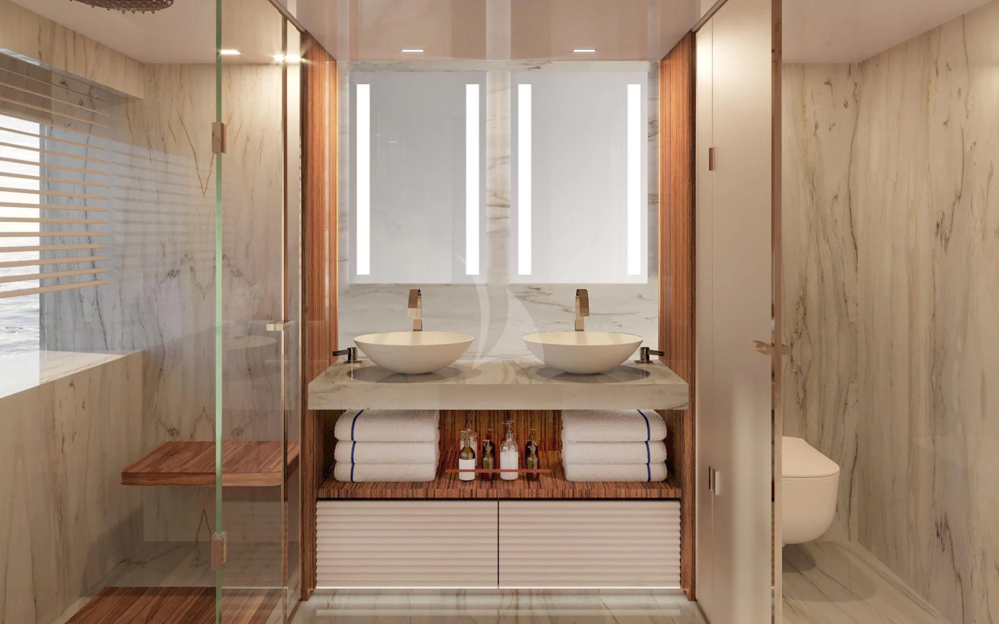 a bathroom with a glass shower door aboard LAFAYETTE Yacht for Sale