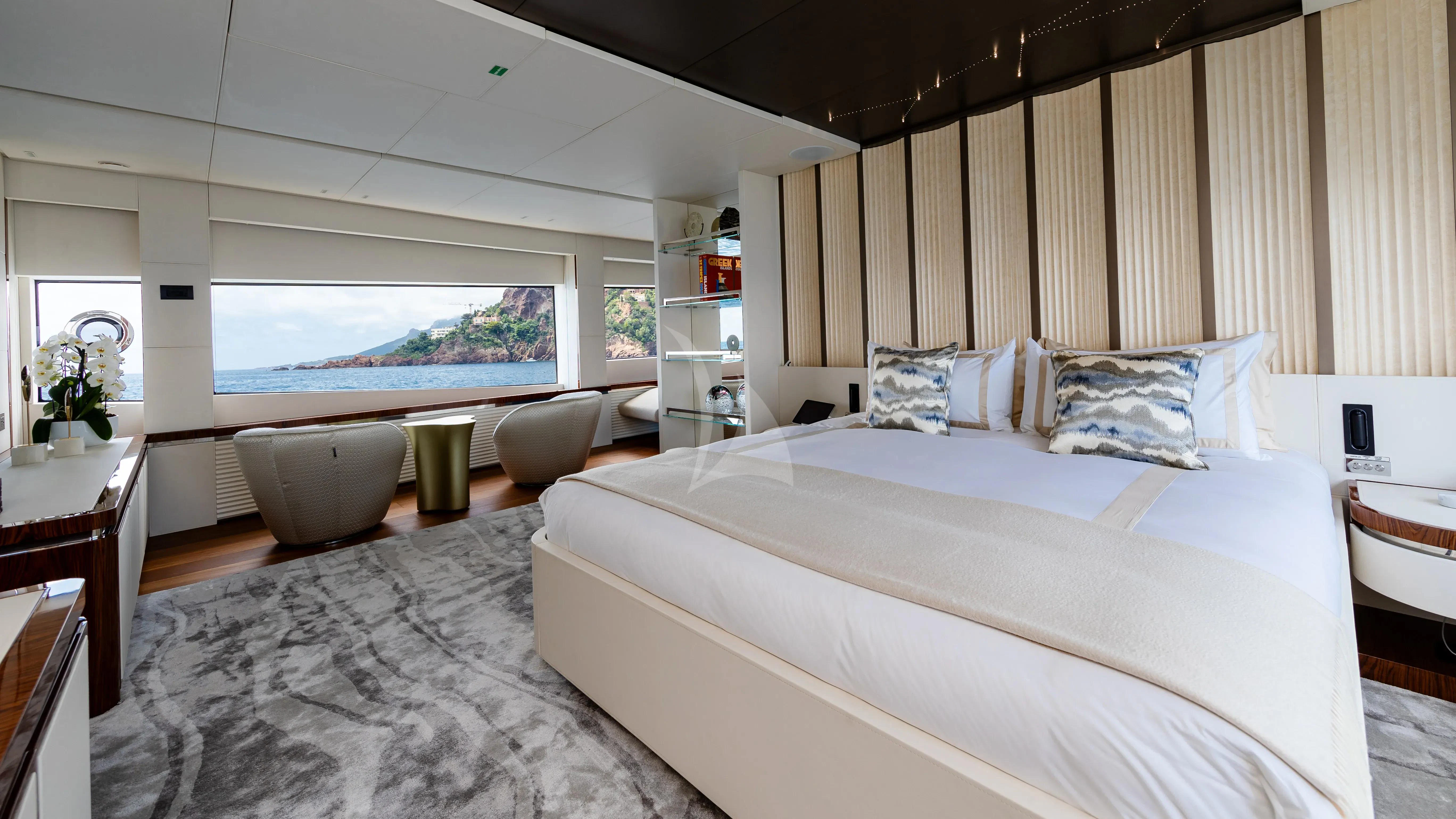 a bedroom with a large bed aboard LAFAYETTE Yacht for Sale