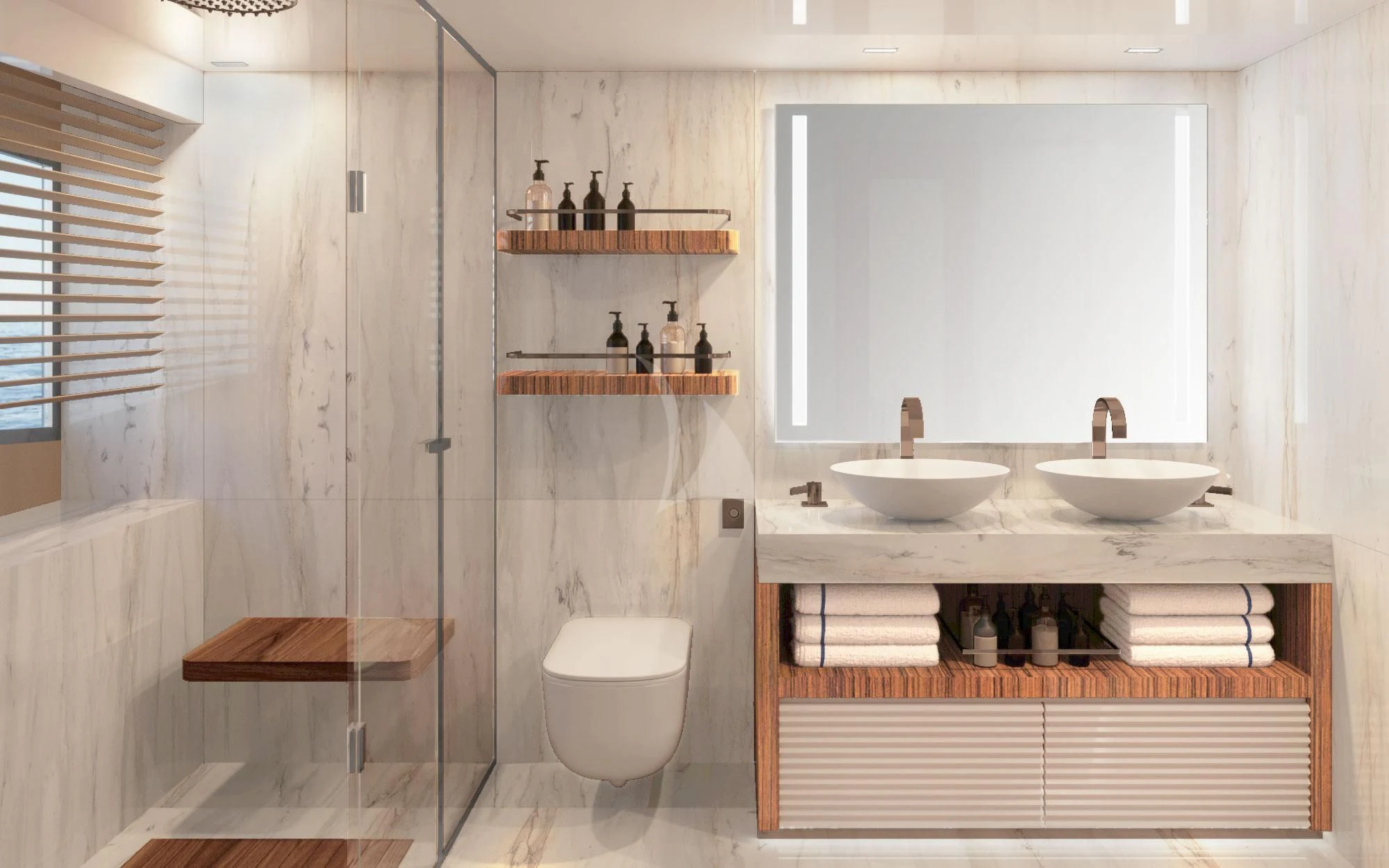 a bathroom with a large mirror aboard LAFAYETTE Yacht for Sale