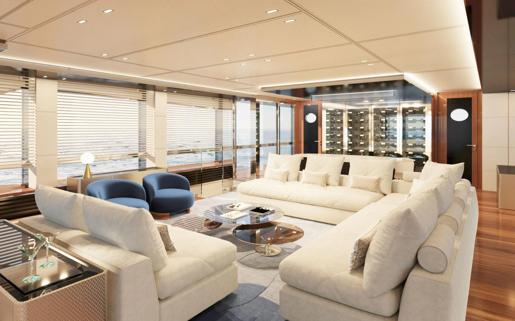 a living room with white couches aboard LAFAYETTE Yacht for Sale