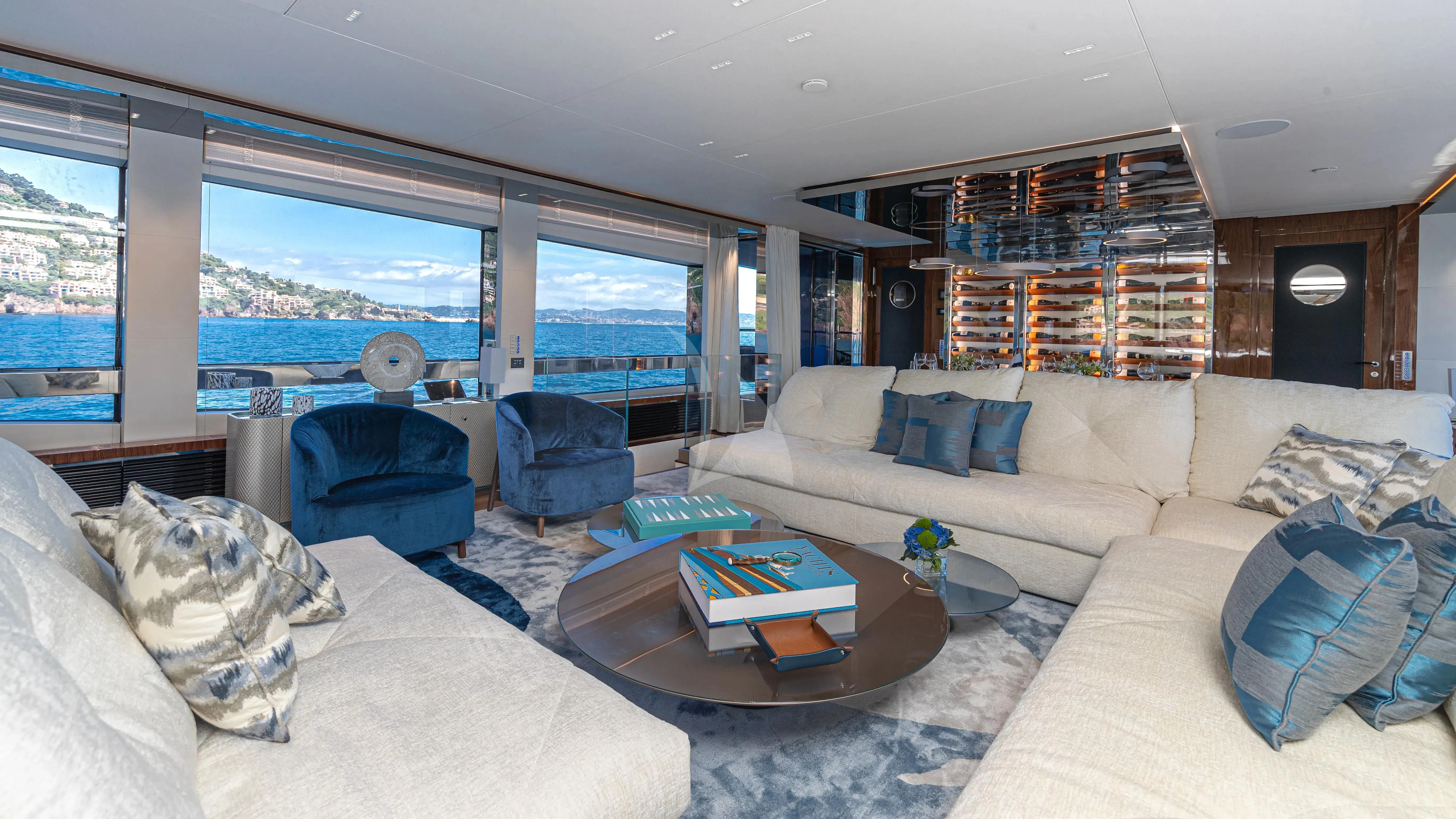 a living room with a large window aboard LAFAYETTE Yacht for Sale