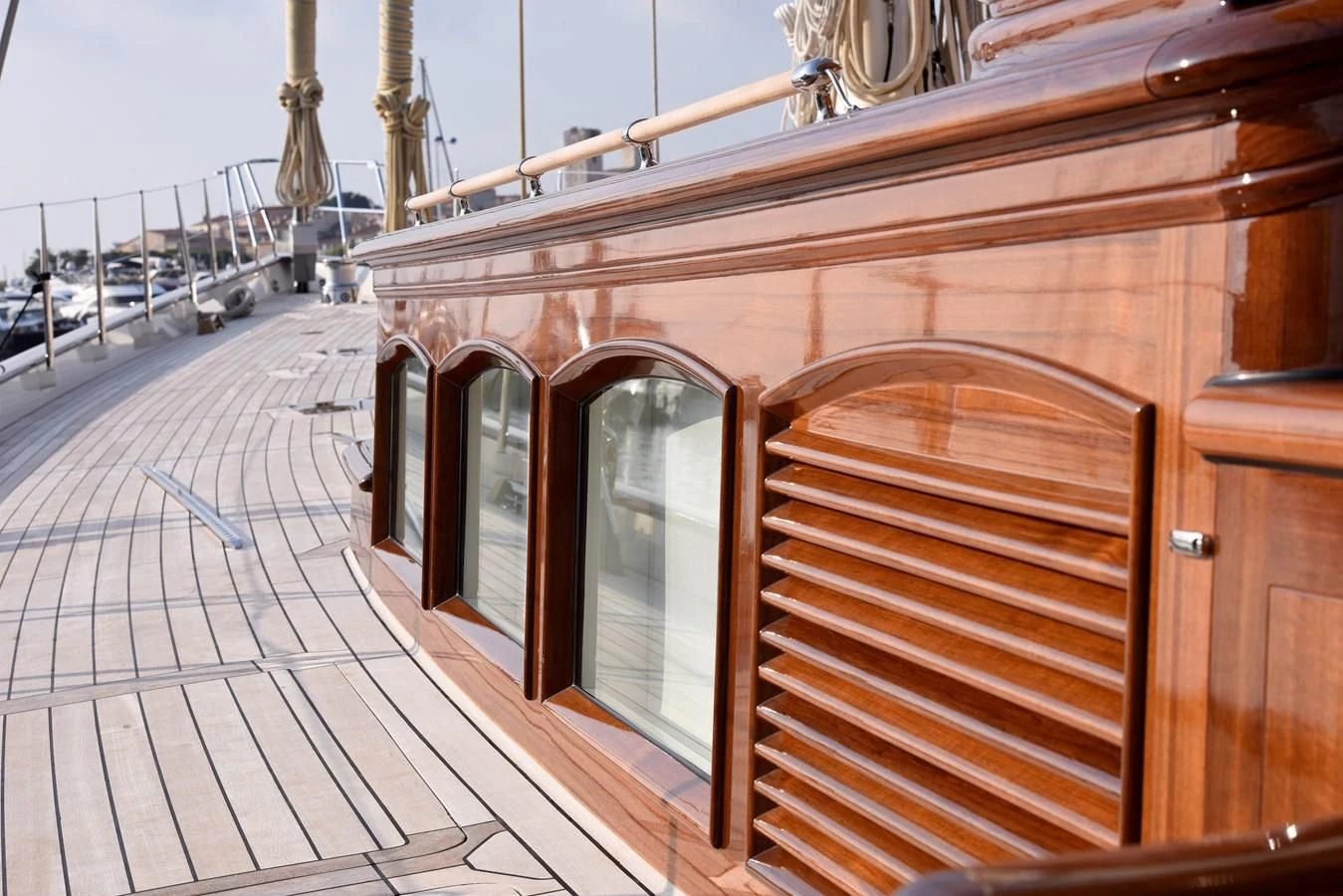 a wooden building with windows aboard ATALANTE Yacht for Sale