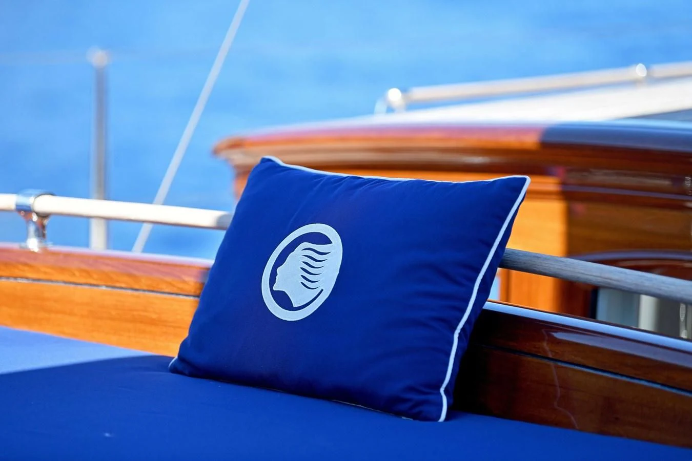 a blue and red flag on a boat aboard ATALANTE Yacht for Sale