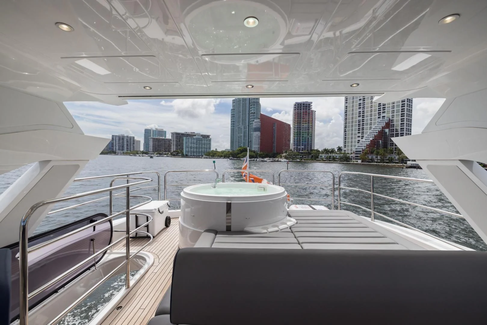 a view of a city from a balcony aboard MR. G Yacht for Sale
