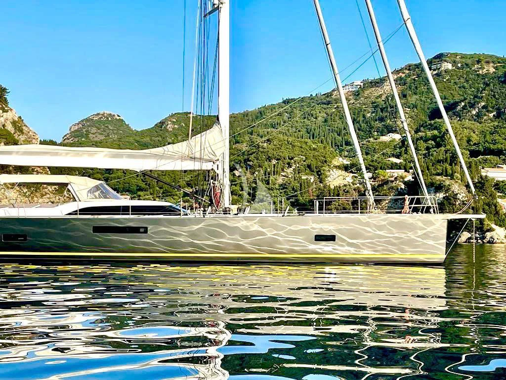 a group of boats are parked in the water aboard AMMONITE Yacht for Charter