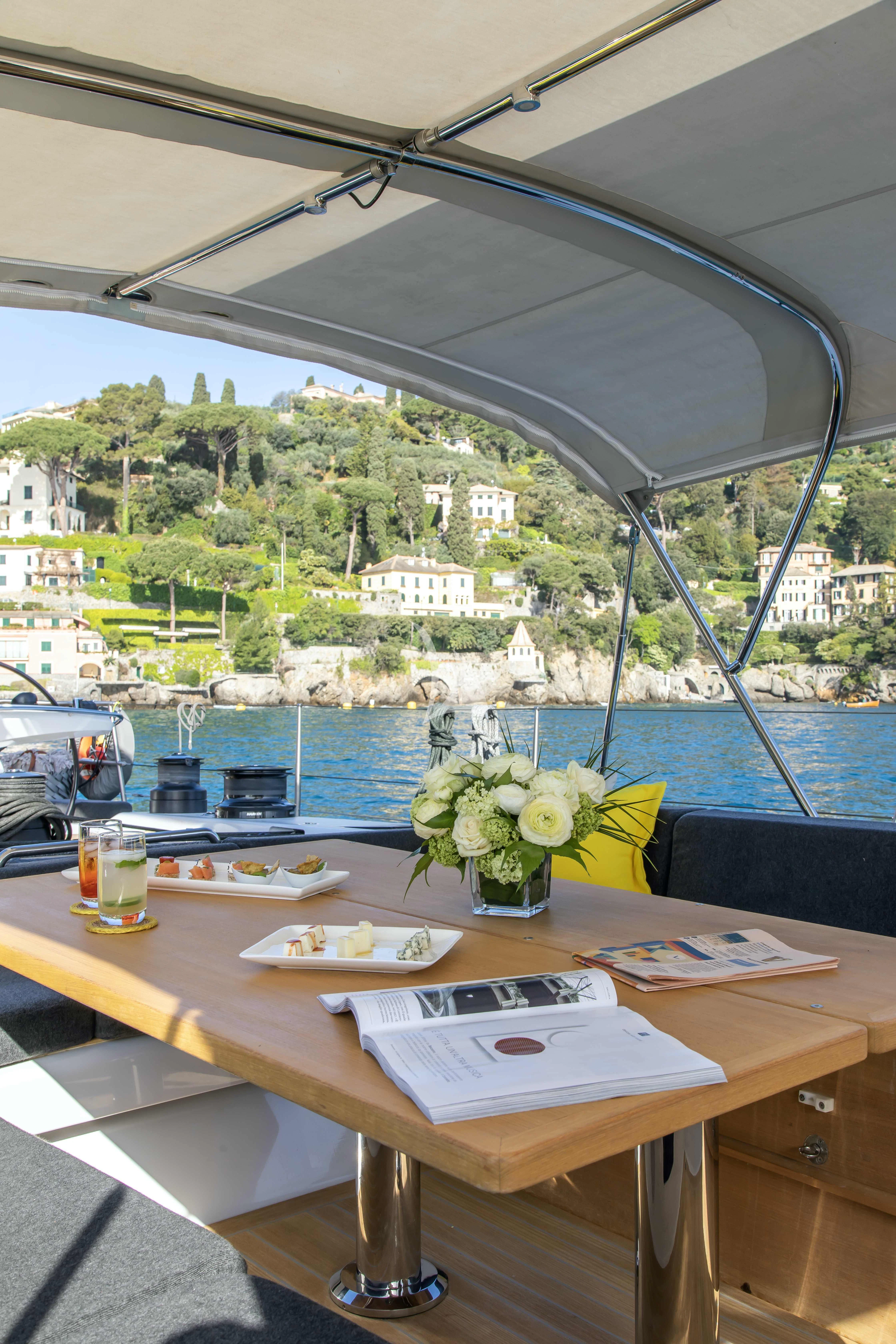 a table with food and drinks on it aboard AMMONITE Yacht for Charter
