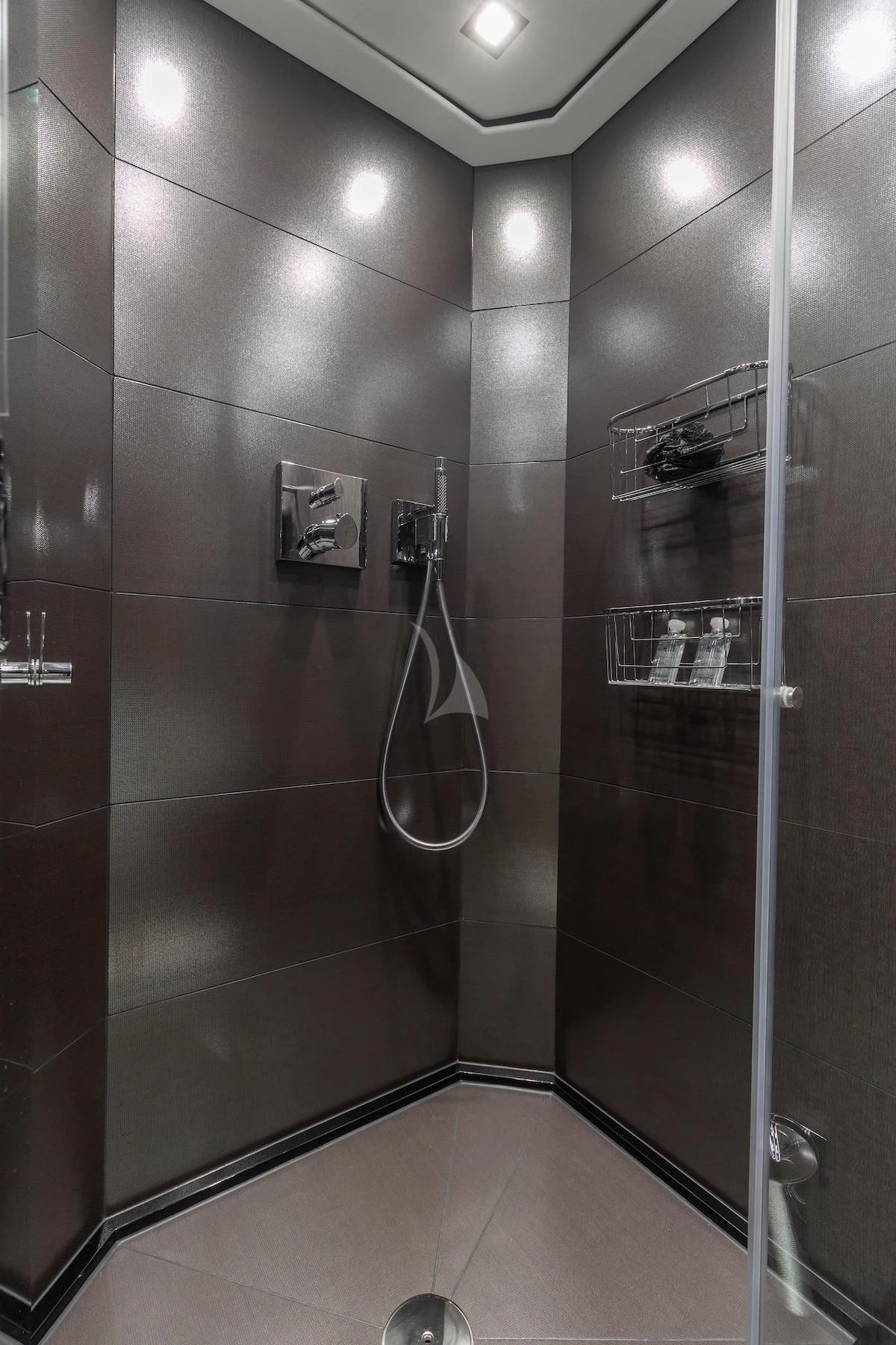 a shower with a glass door aboard MATZU Yacht for Sale