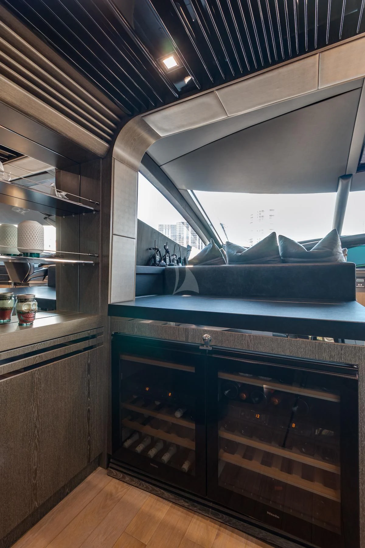 a kitchen with a large window aboard MATZU Yacht for Sale