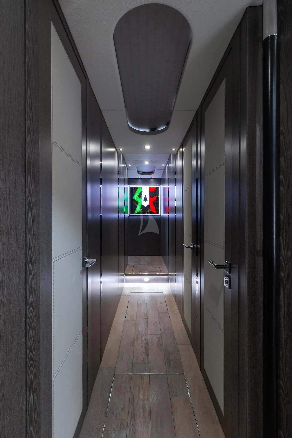 a hallway with doors aboard MATZU Yacht for Sale