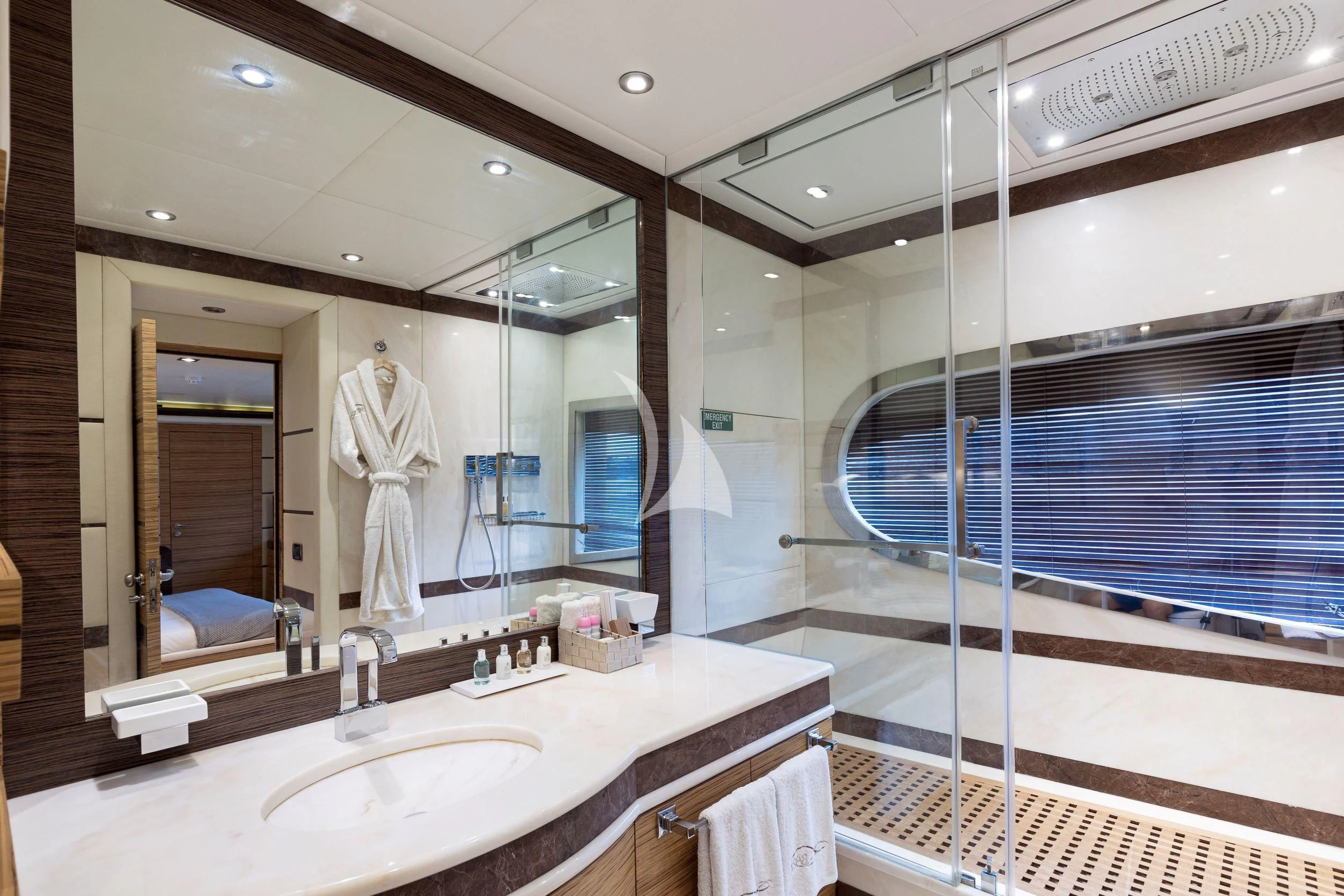 a bathroom with a large mirror aboard I SEA Yacht for Charter