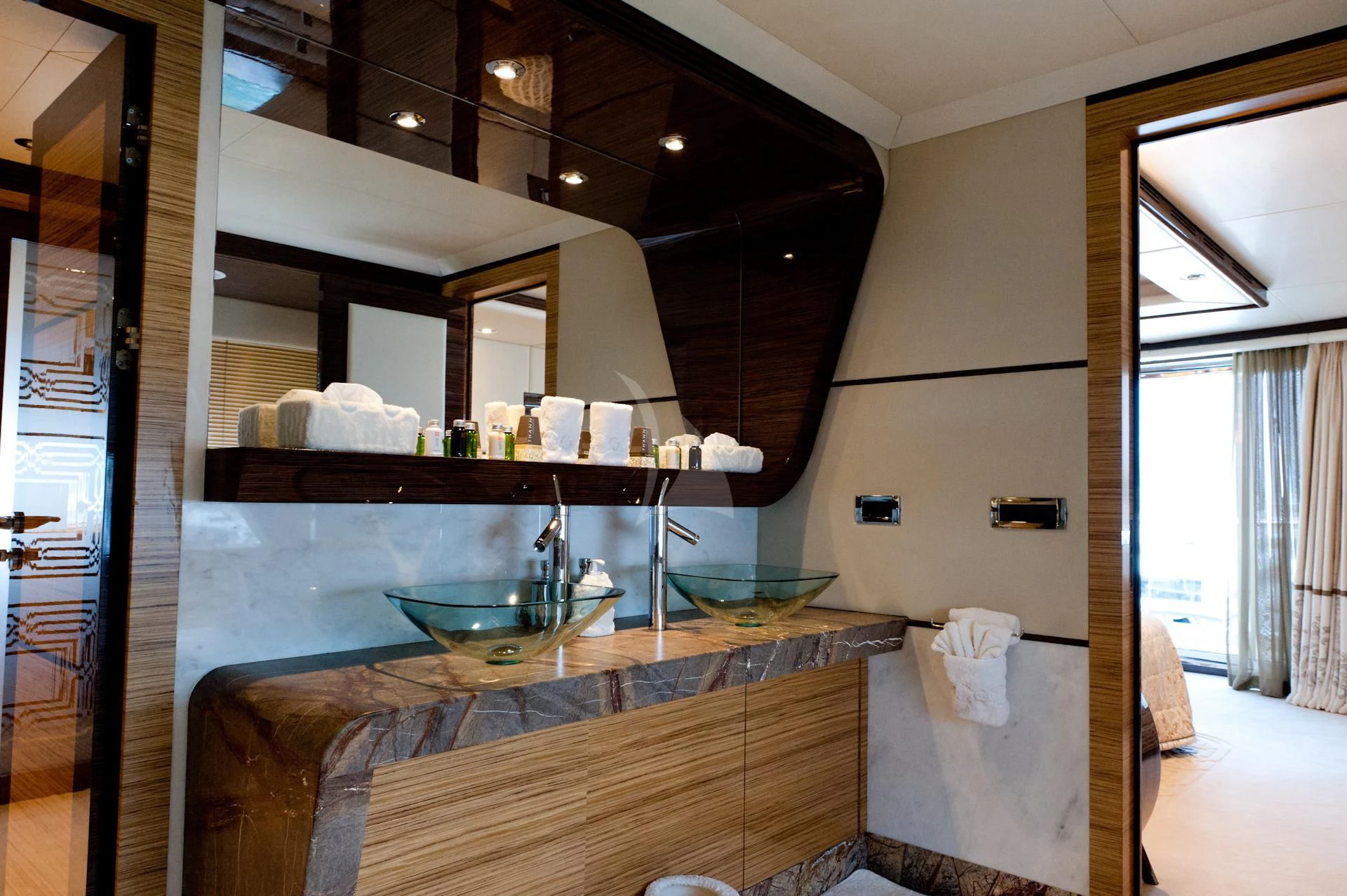 a bathroom with a sink and a mirror aboard I SEA Yacht for Charter