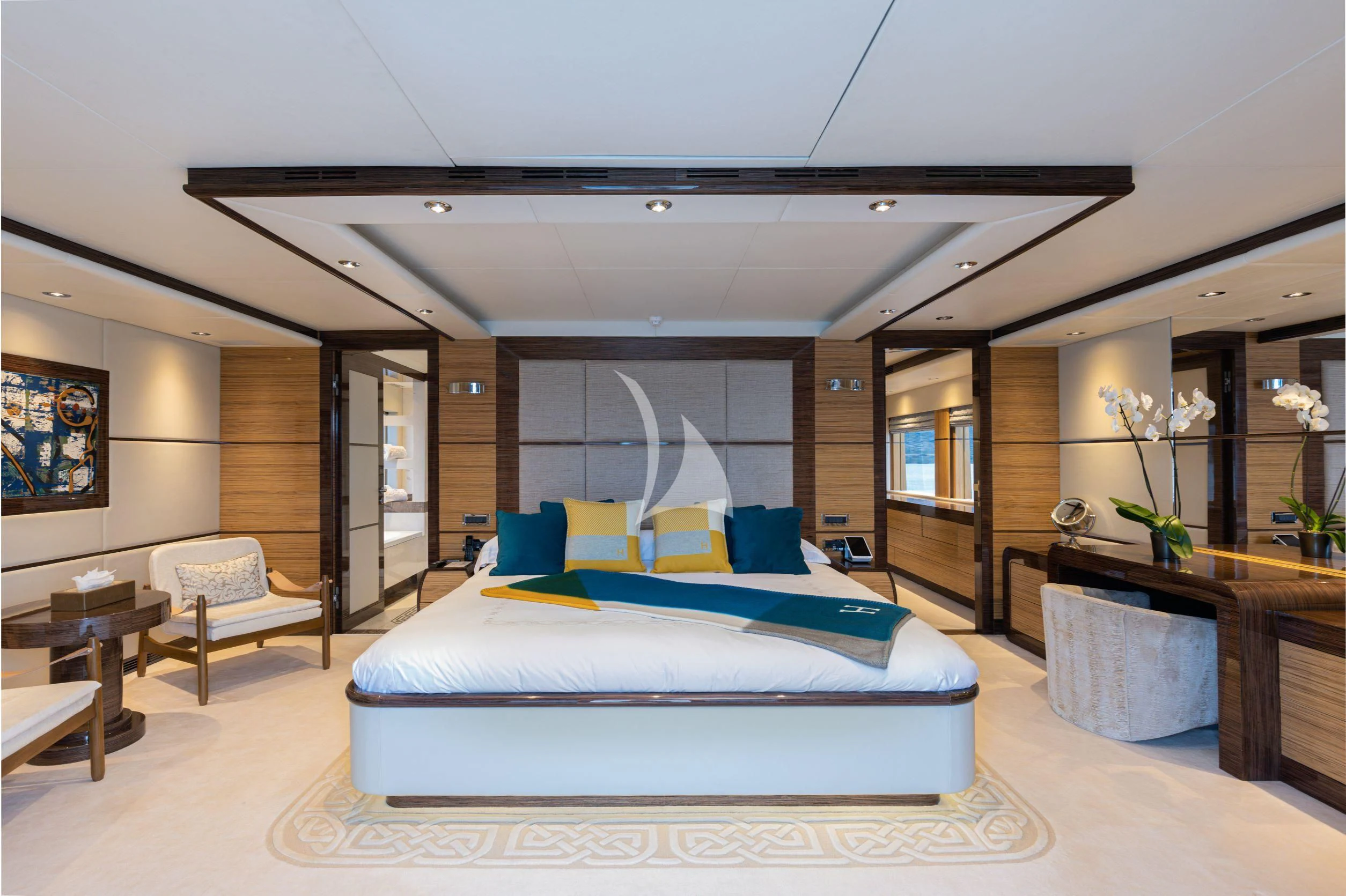 a large bedroom with a large bed aboard I SEA Yacht for Charter