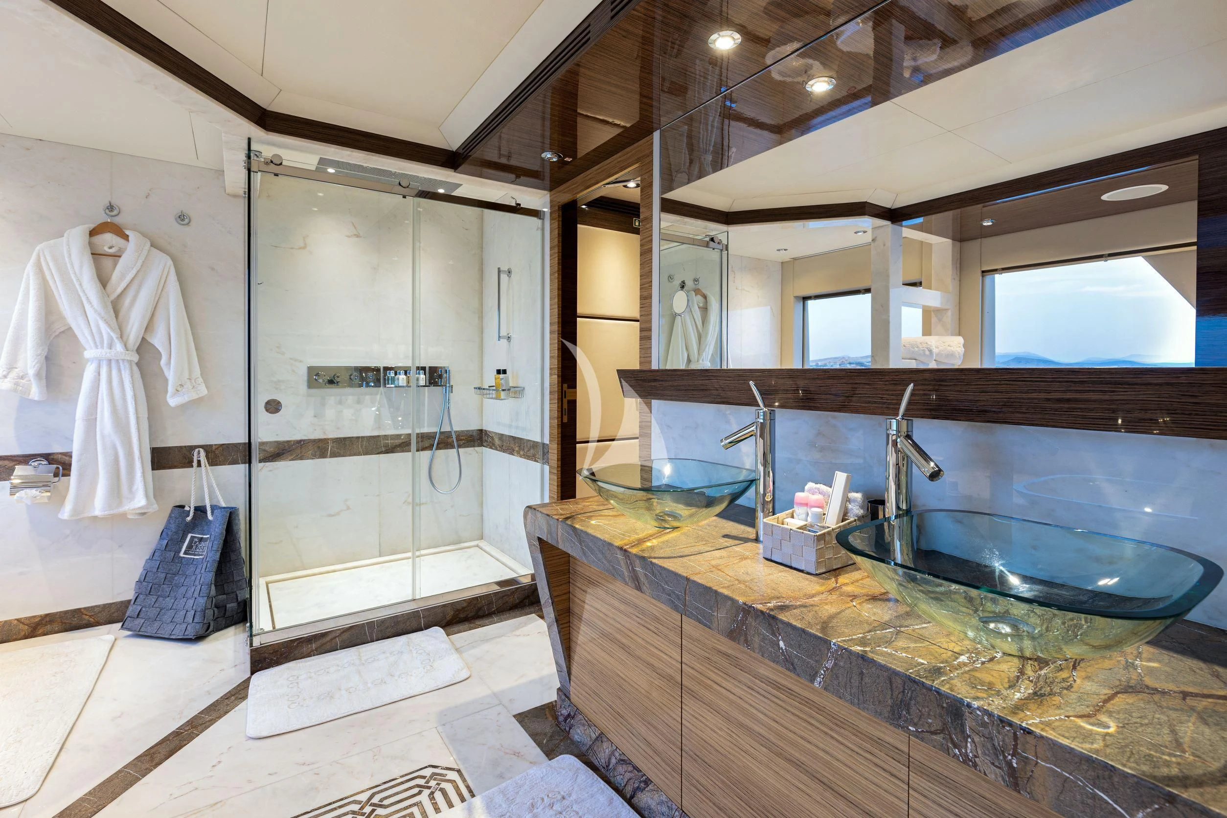 a bathroom with a large marble countertop aboard I SEA Yacht for Charter