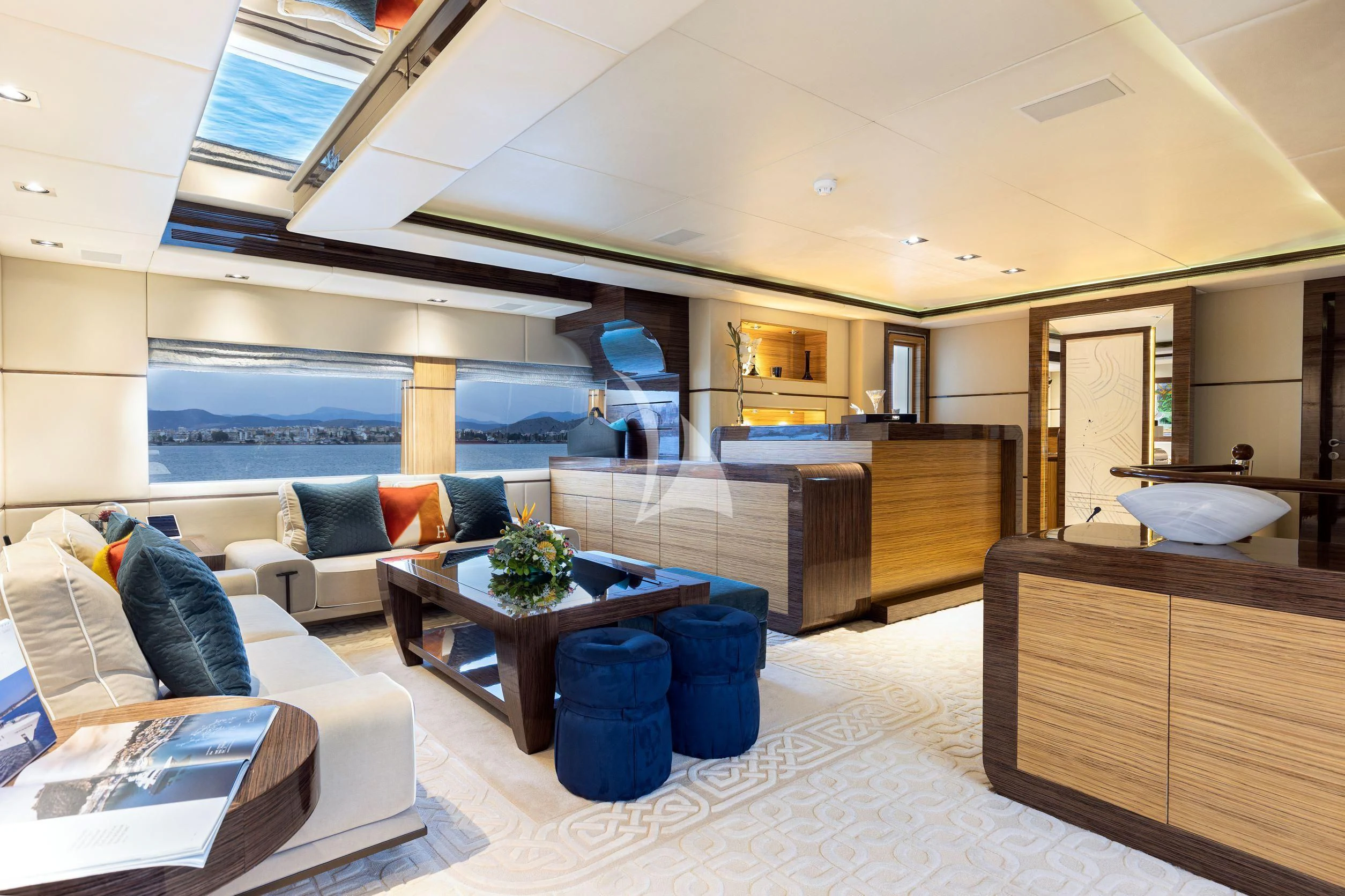 a large modern living room aboard I SEA Yacht for Charter