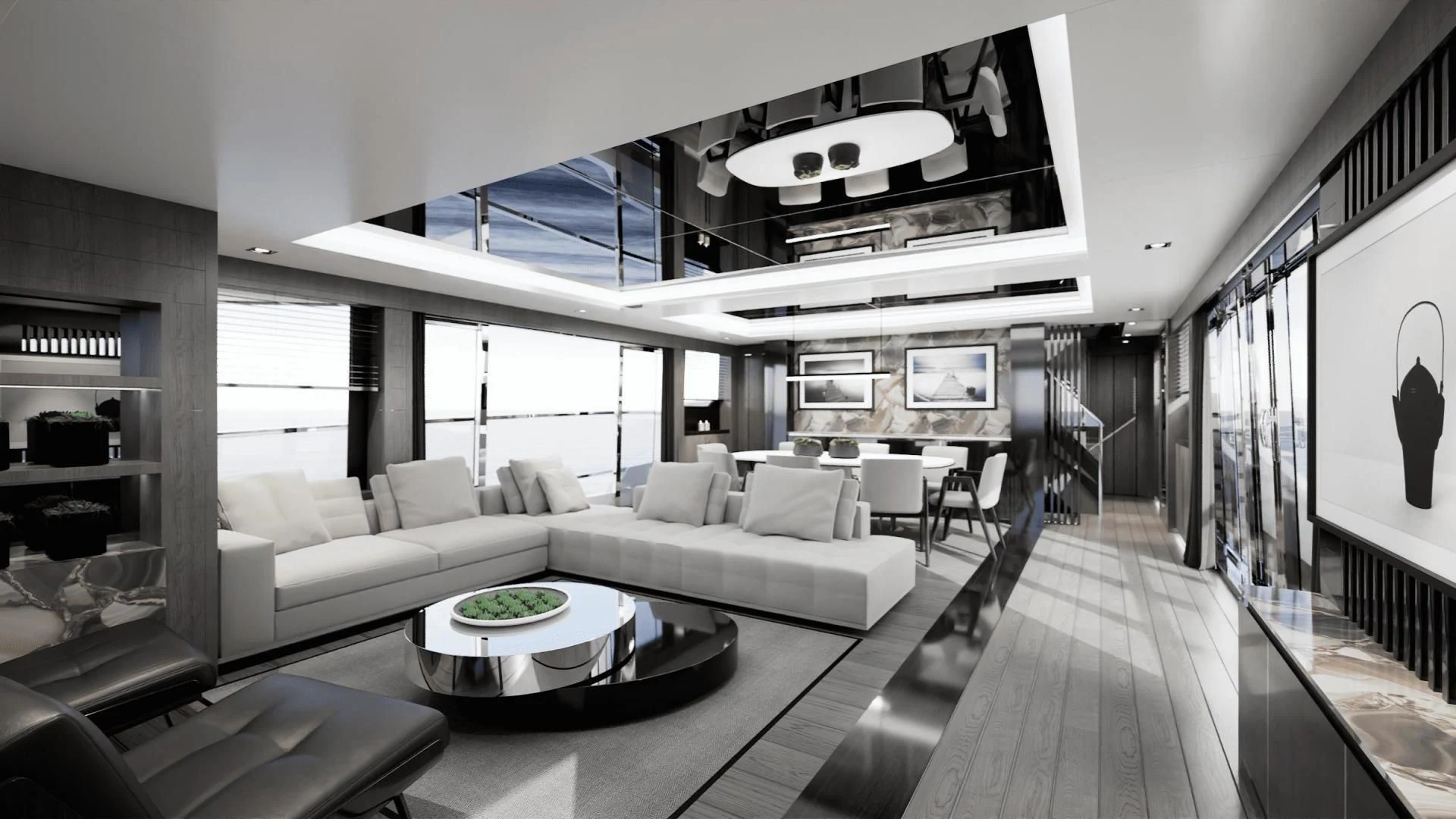 a living room with a large screen aboard PEARL Yacht for Sale
