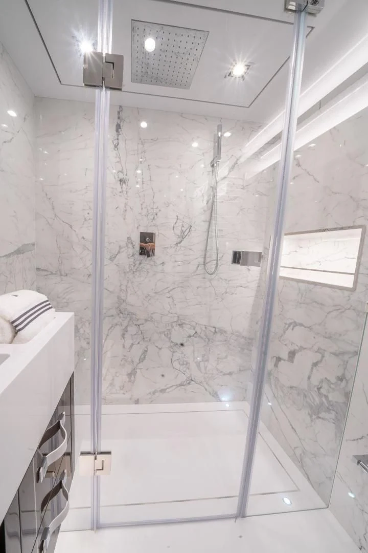 a shower unit in a bathroom aboard PEARL Yacht for Sale
