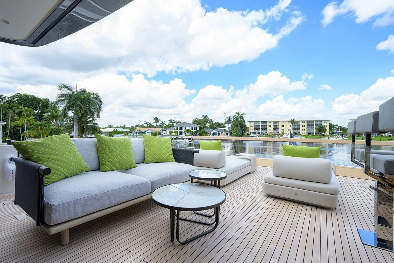 a large living room with a large patio and a pool aboard PEARL Yacht for Sale