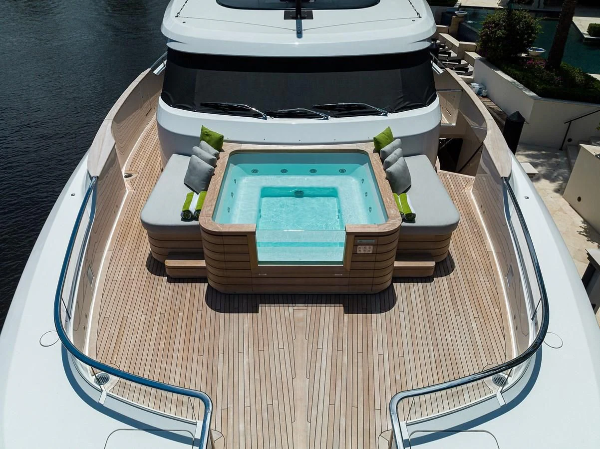 a boat with a deck and a deck with a deck and a pool aboard PEARL Yacht for Sale