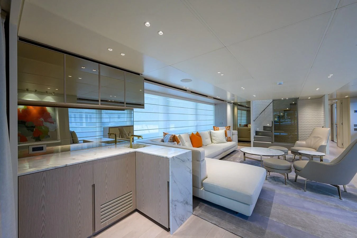 a modern looking living room aboard PEARL Yacht for Sale