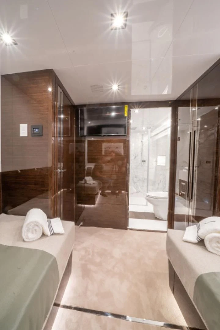 a bathroom with a large shower aboard PEARL Yacht for Sale
