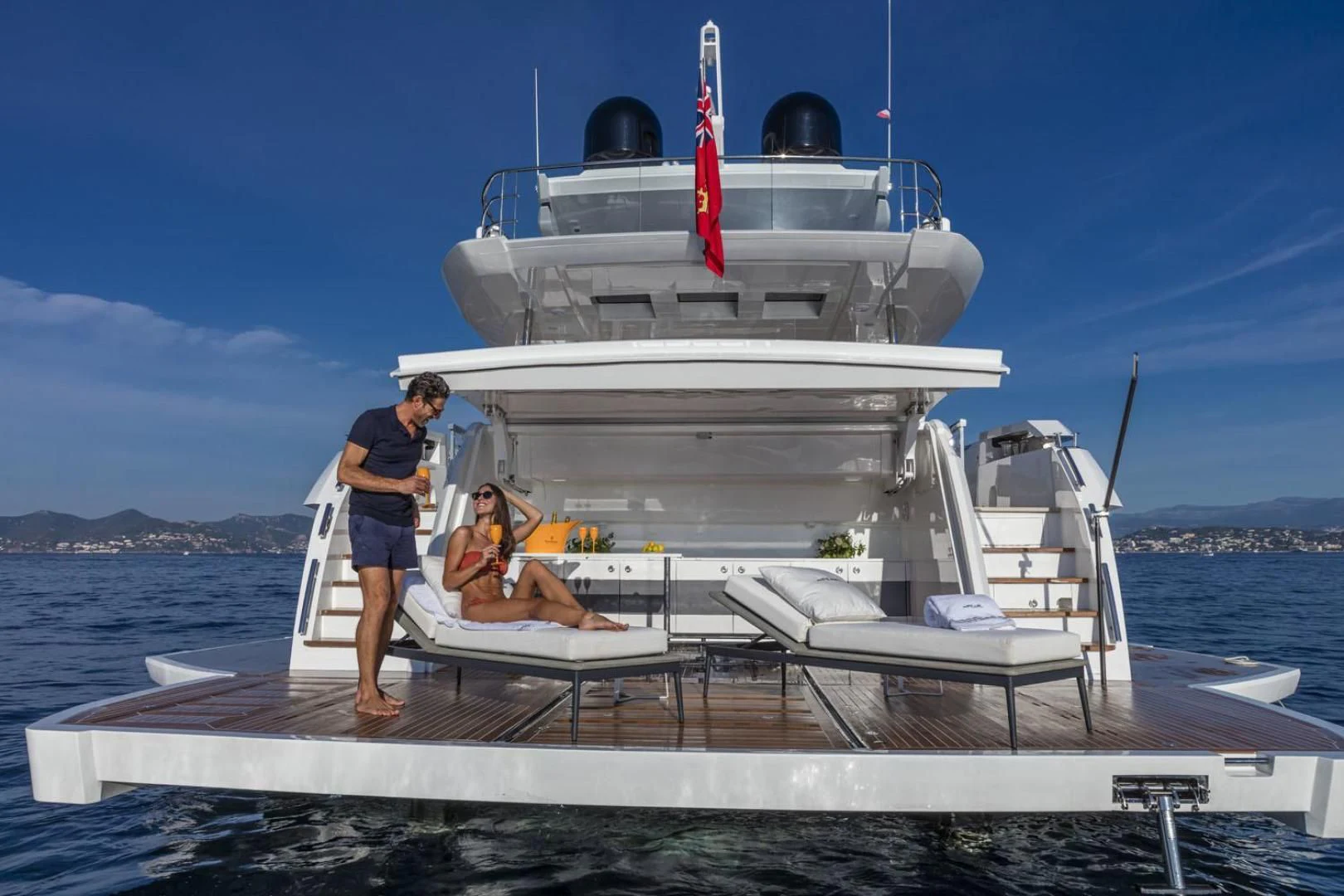a man and woman on a boat aboard PEARL Yacht for Sale