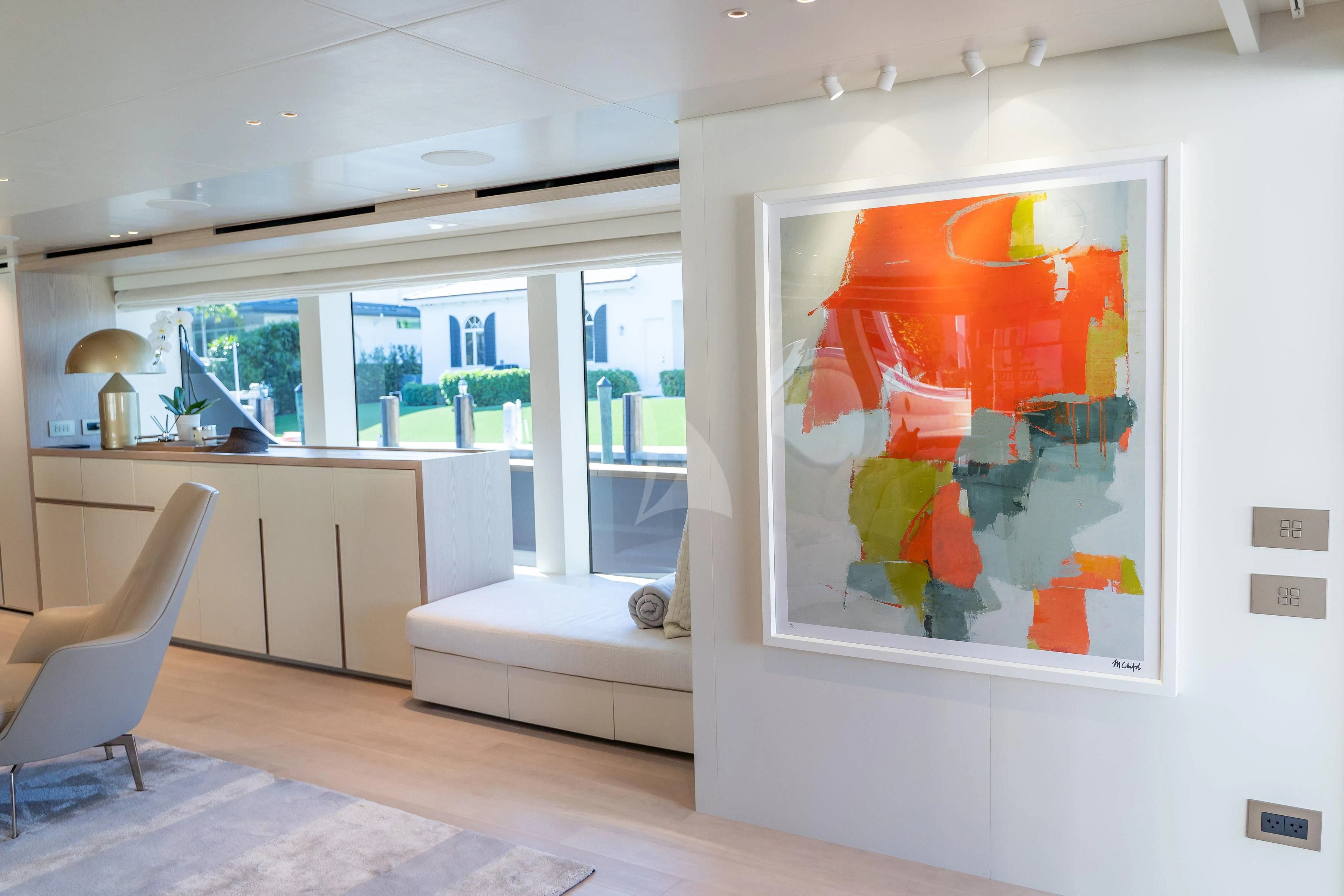 a room with a large window aboard PEARL Yacht for Sale