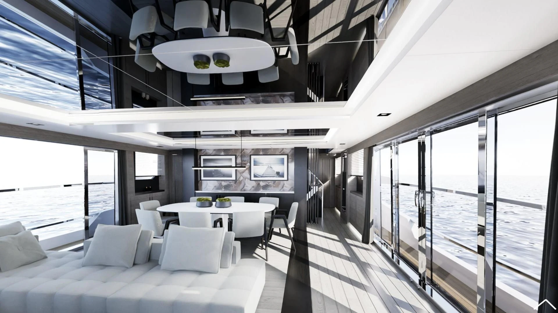 a room with a table and chairs aboard PEARL Yacht for Sale