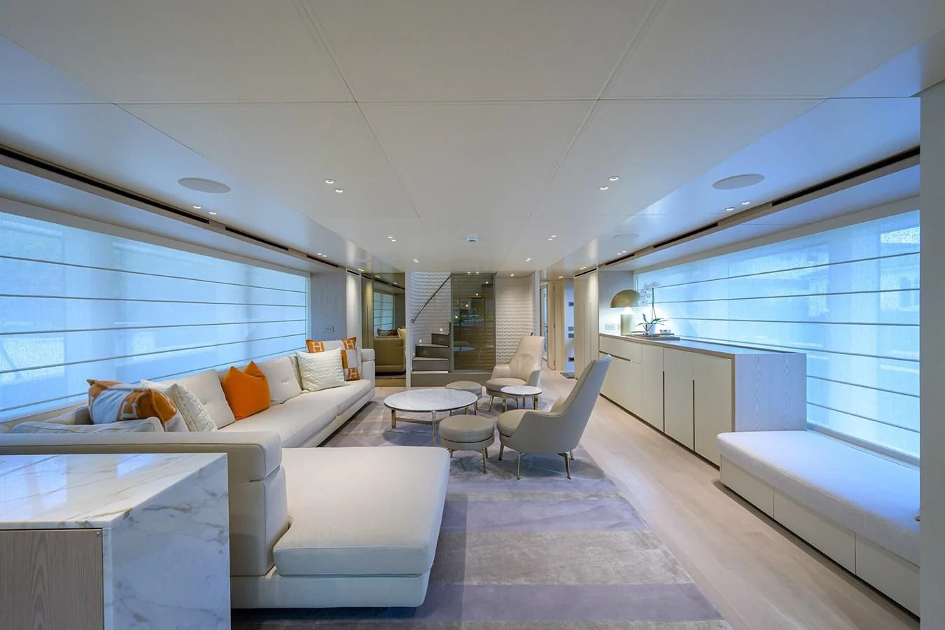 a modern looking living room aboard PEARL Yacht for Sale
