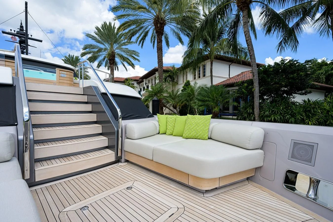 a white couch in a room aboard PEARL Yacht for Sale
