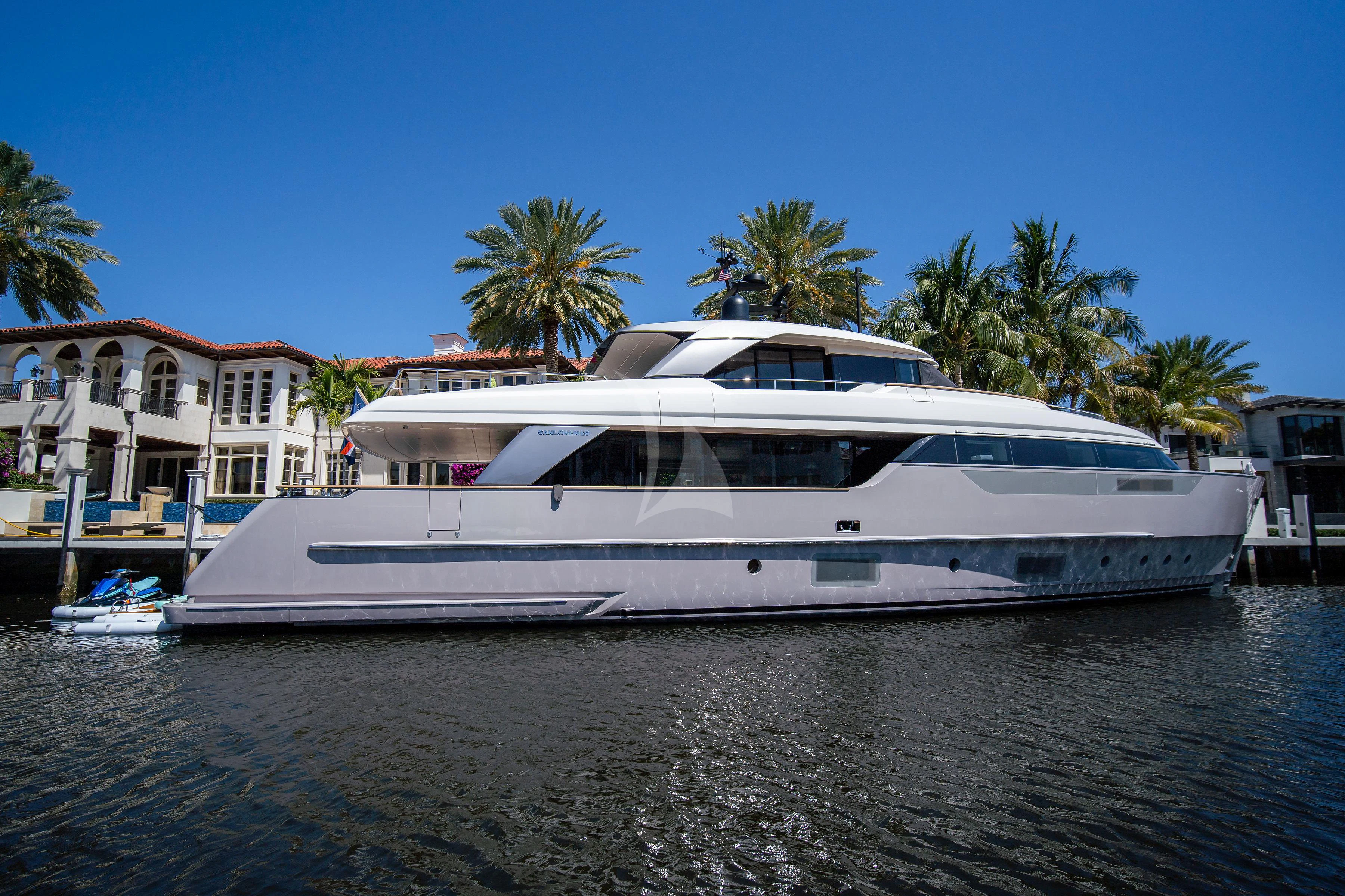 a white yacht on the water aboard PEARL Yacht for Sale