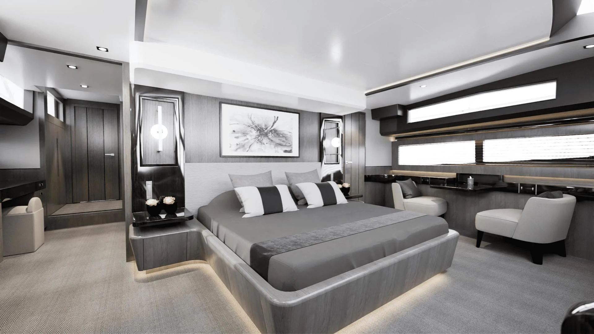 a room with a bed and a couch aboard PEARL Yacht for Sale