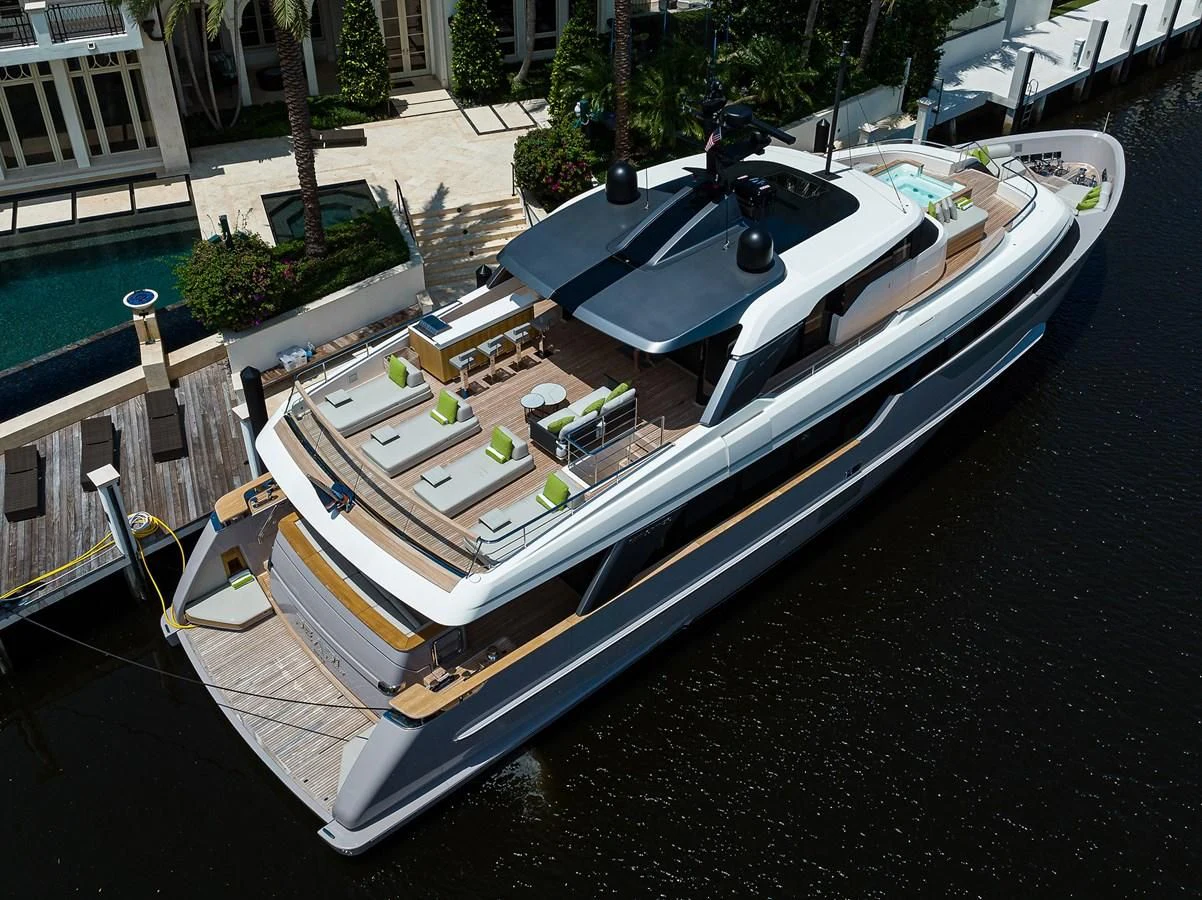 a boat docked on the water aboard PEARL Yacht for Sale