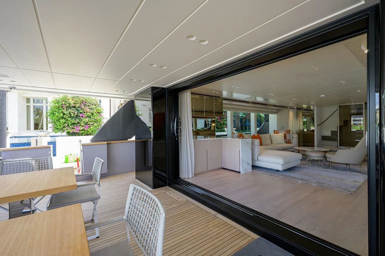 a modern looking living room aboard PEARL Yacht for Sale