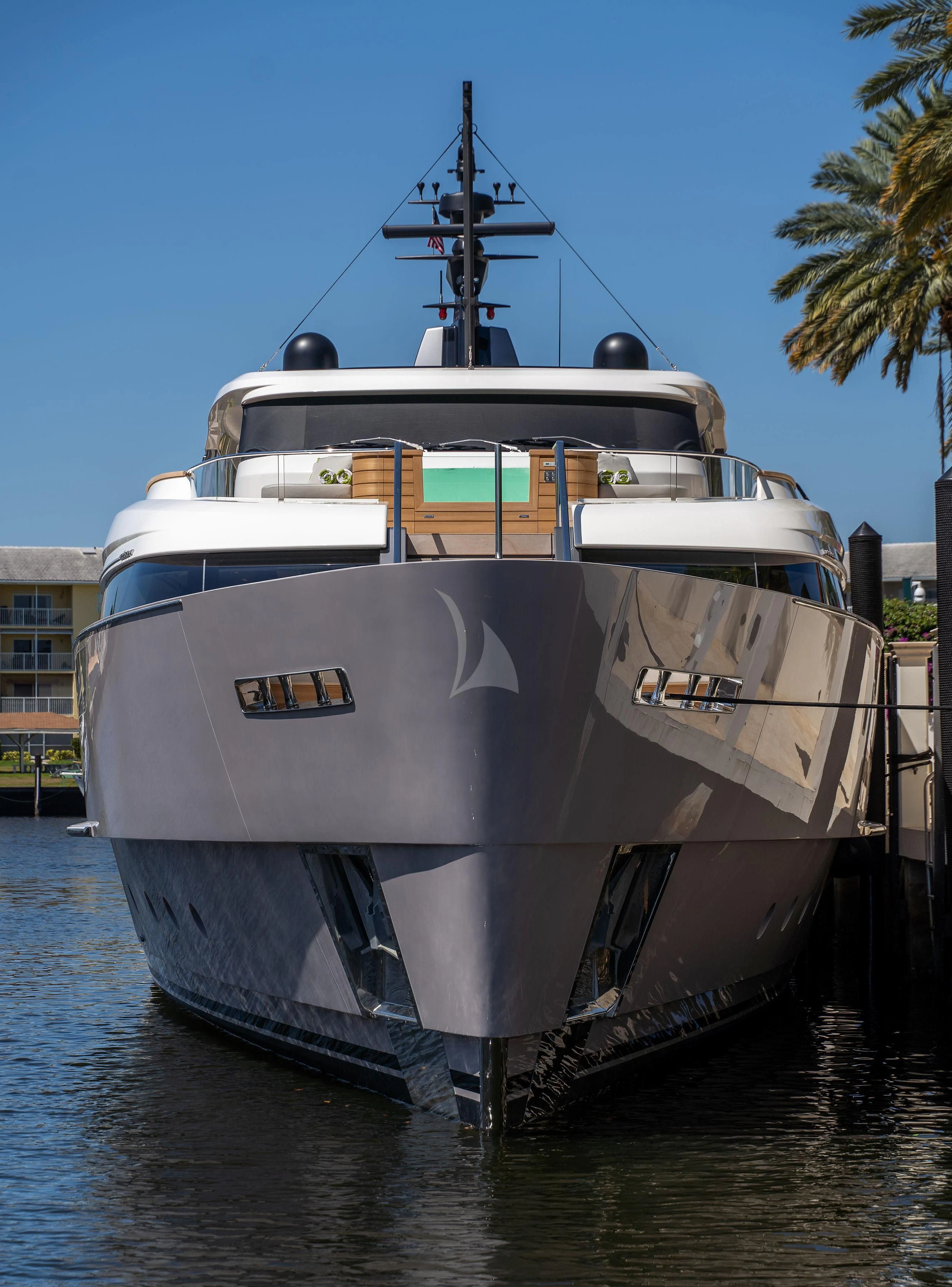 a large white boat in the water aboard PEARL Yacht for Sale