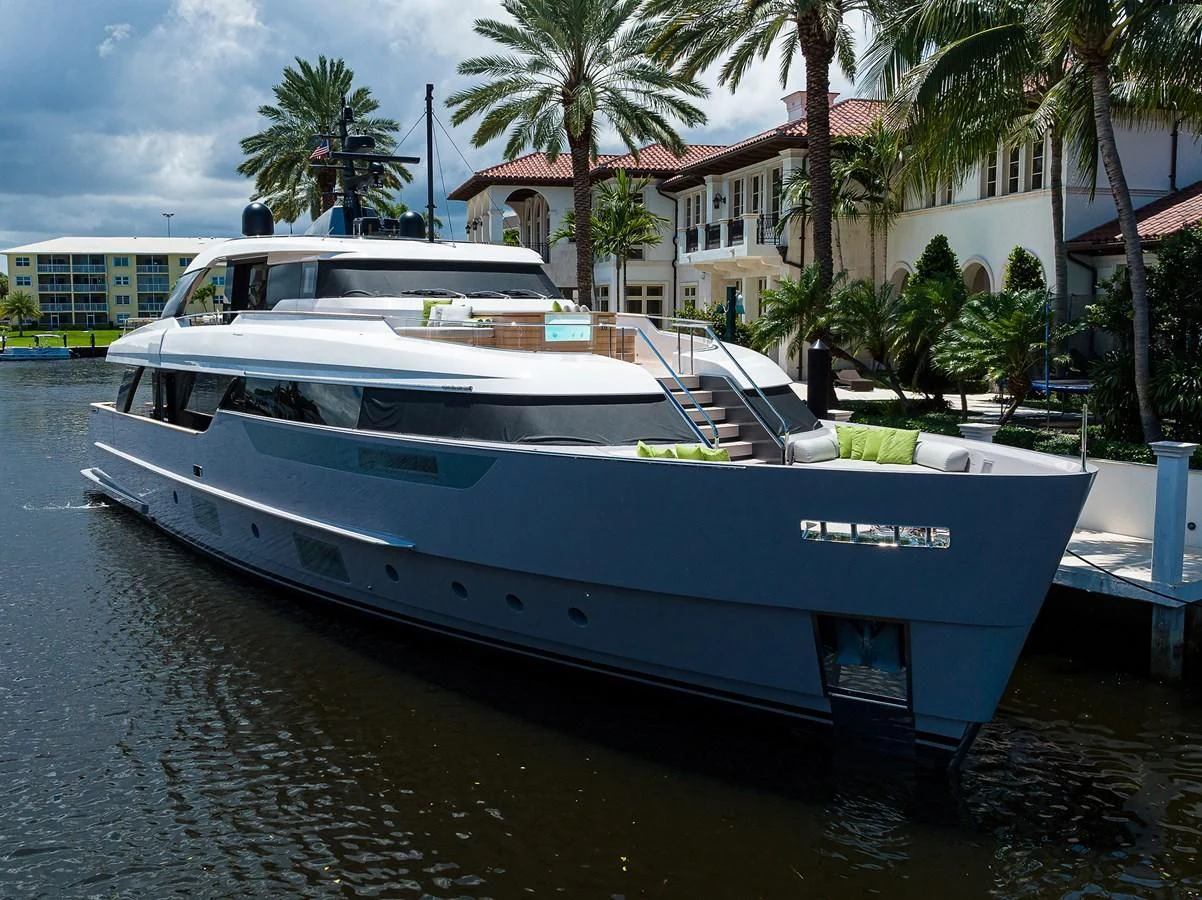 a boat docked at a pier aboard PEARL Yacht for Sale