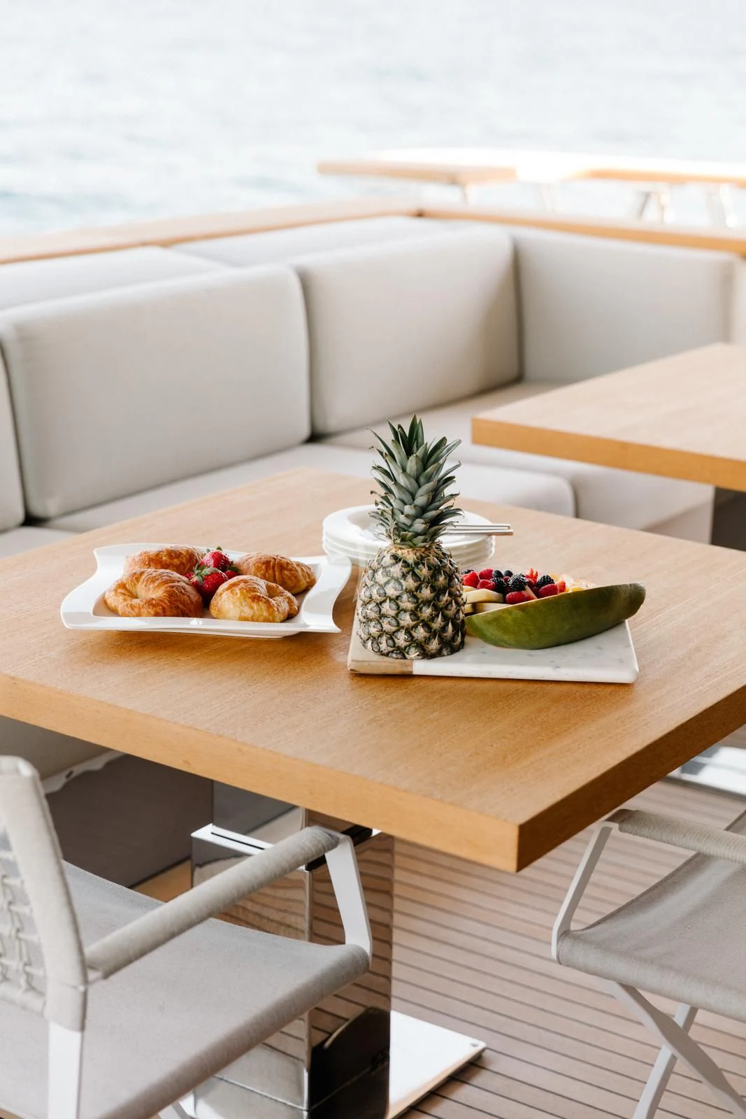 a table with food on it aboard PEARL Yacht for Sale